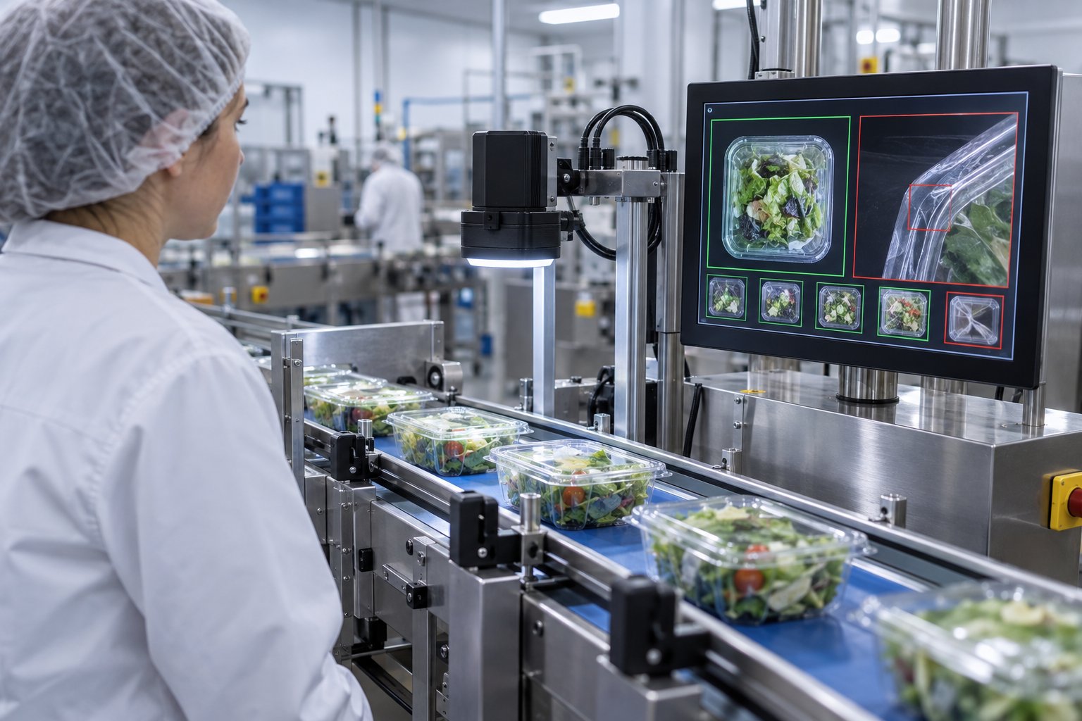 食品生产线使用机器视觉进行缺陷检查的场景示意图